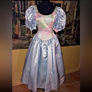 Vintage 70’s 80’s Blue Satin Skirt Floral Bodice Great Puff Sleeves Prom Dance